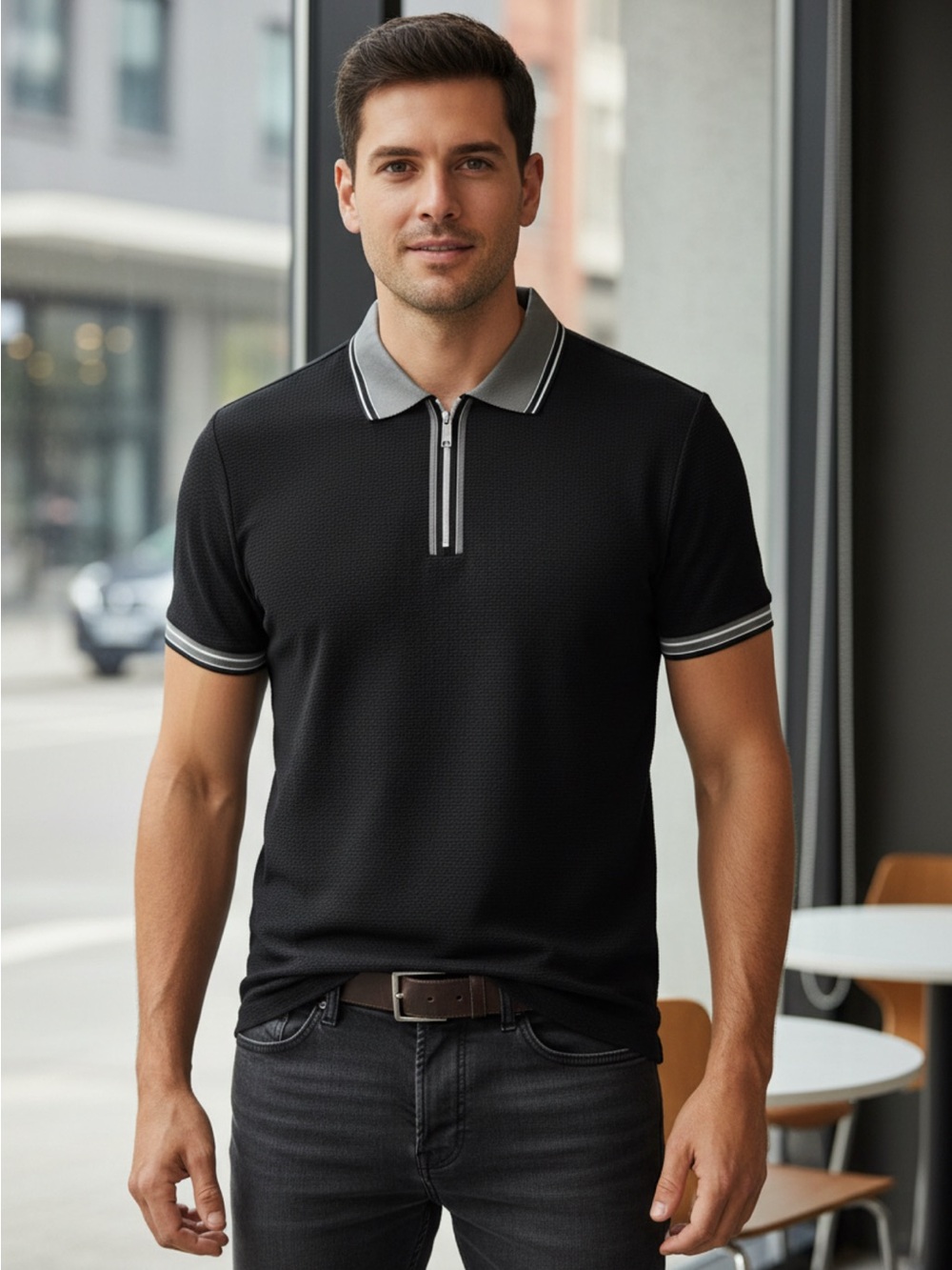 DKNY Black Polo with Grey Trim and Zip Collar